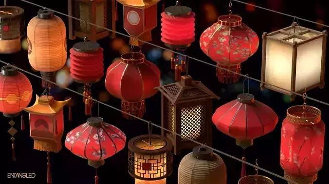Japanese Lanterns Set Low-poly 3D model