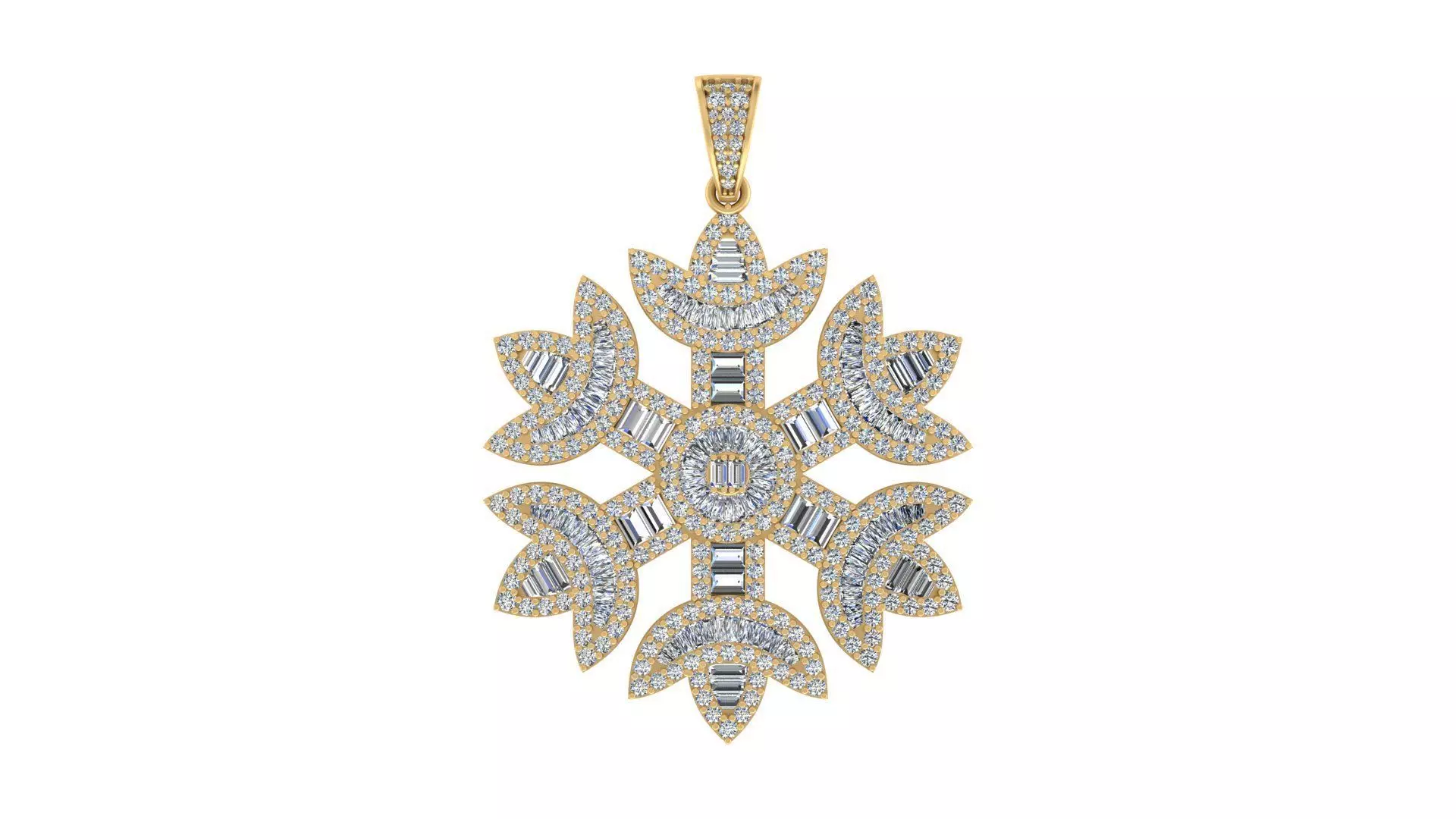 Snowflake Elegance Baguette And Round Diamond Pendant 3D print model