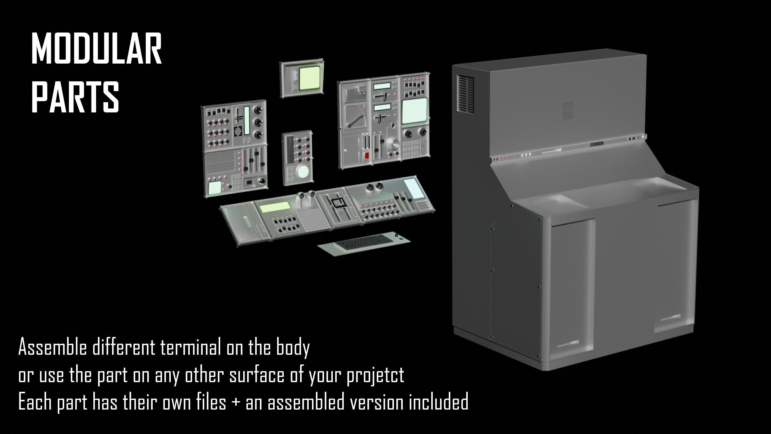 Modular Retro Sci-Fi Console Panel Computer Terminal Blender UE5 3D model_1