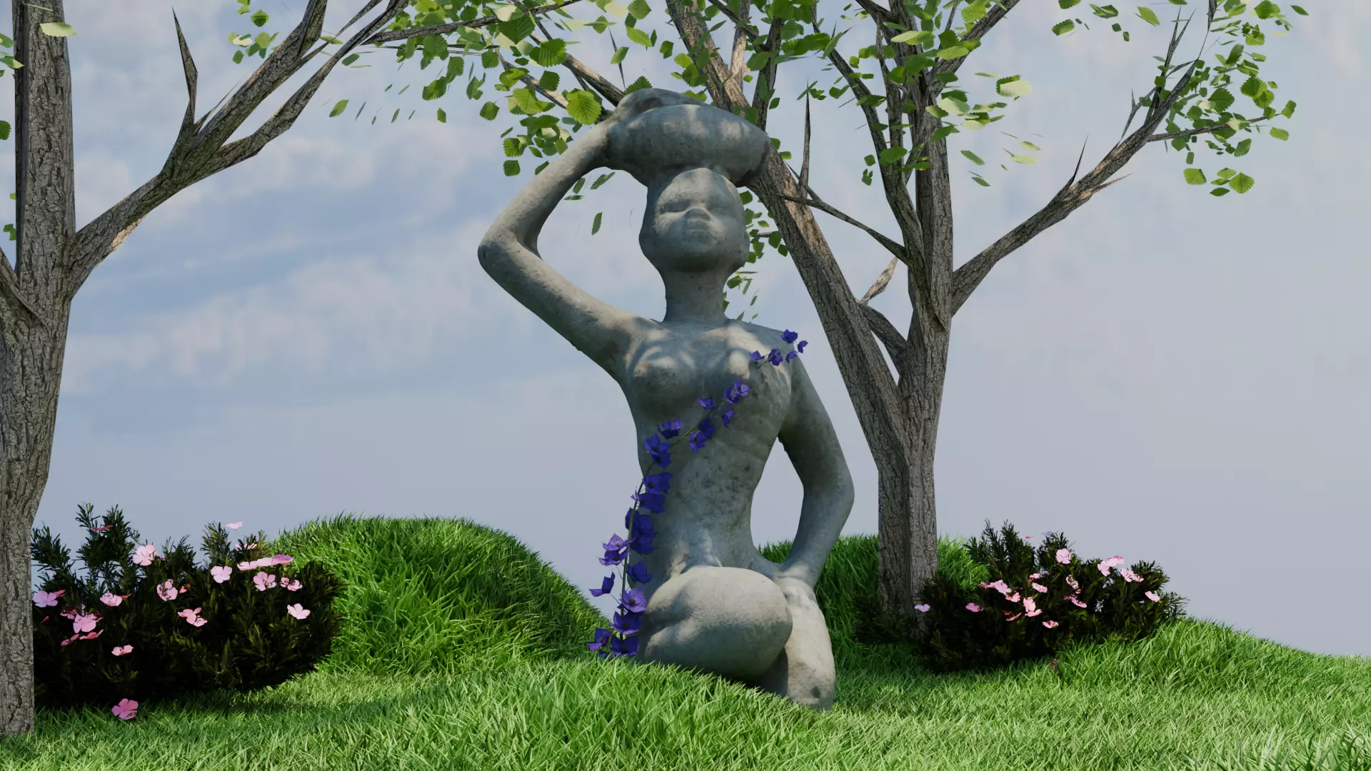 Stone Garden Statue  Feminine Figure with Floral Details Low-poly 3D model_0