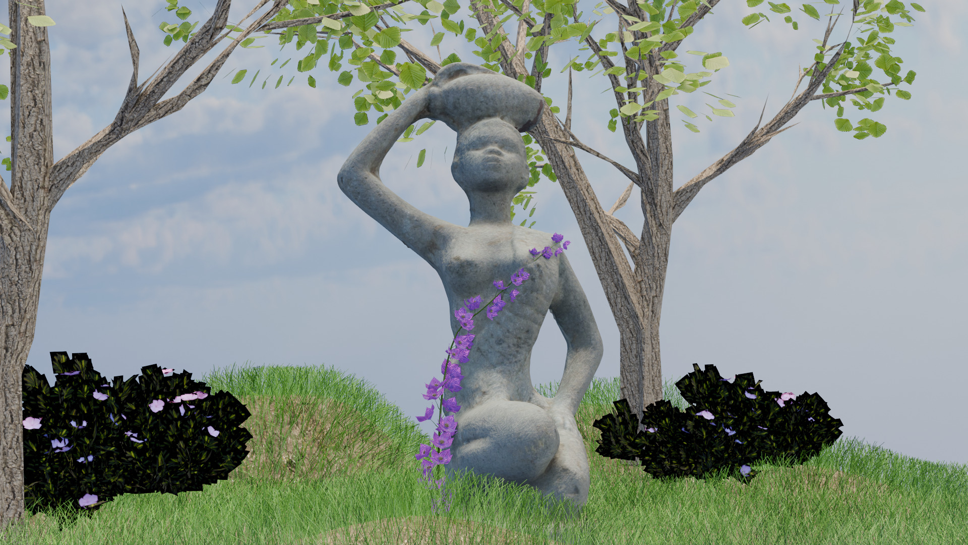 Stone Garden Statue  Feminine Figure with Floral Details Low-poly 3D model_1