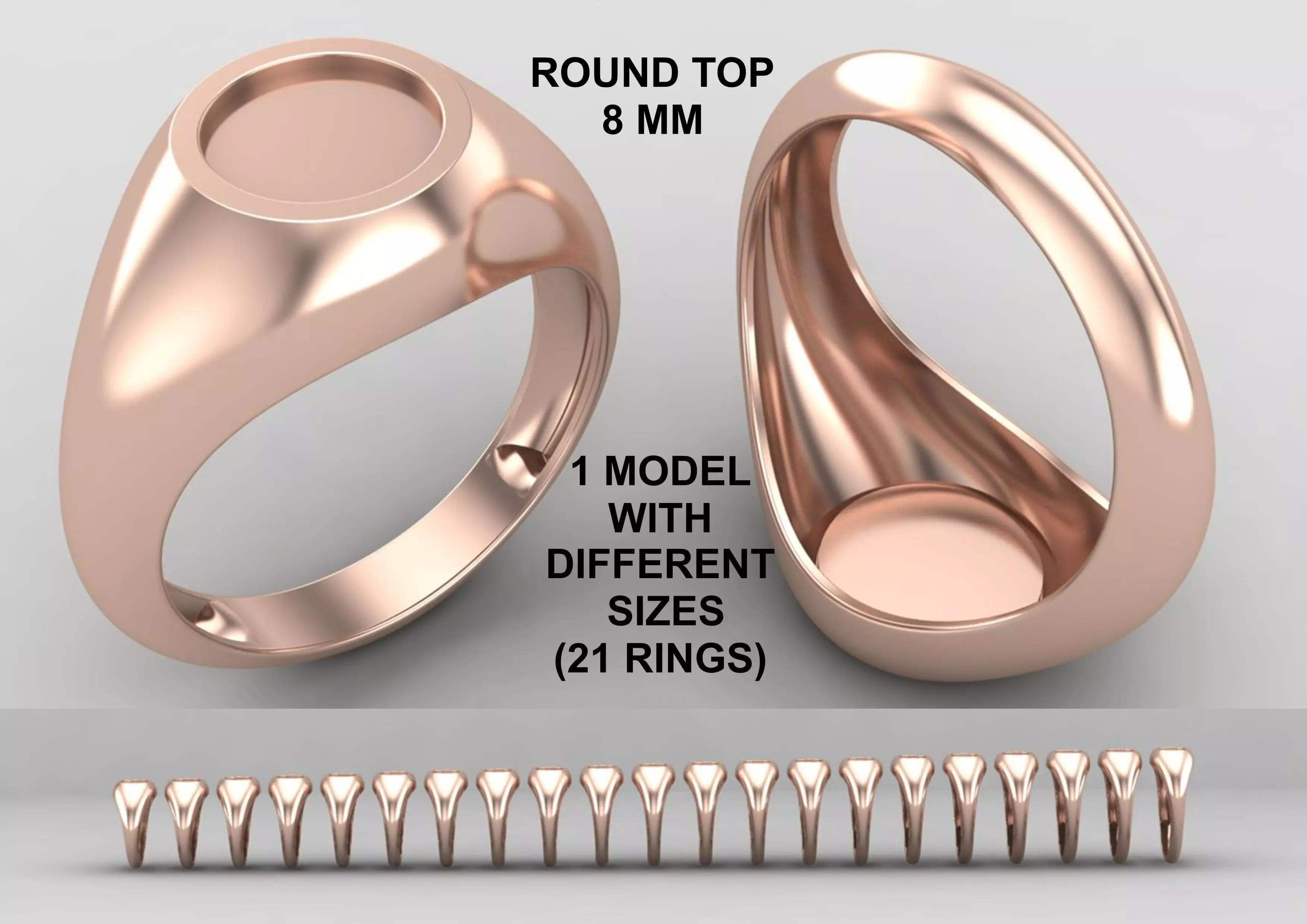 signet Ring Base 8mm top in All sizes 154-MWC 3D print model_0