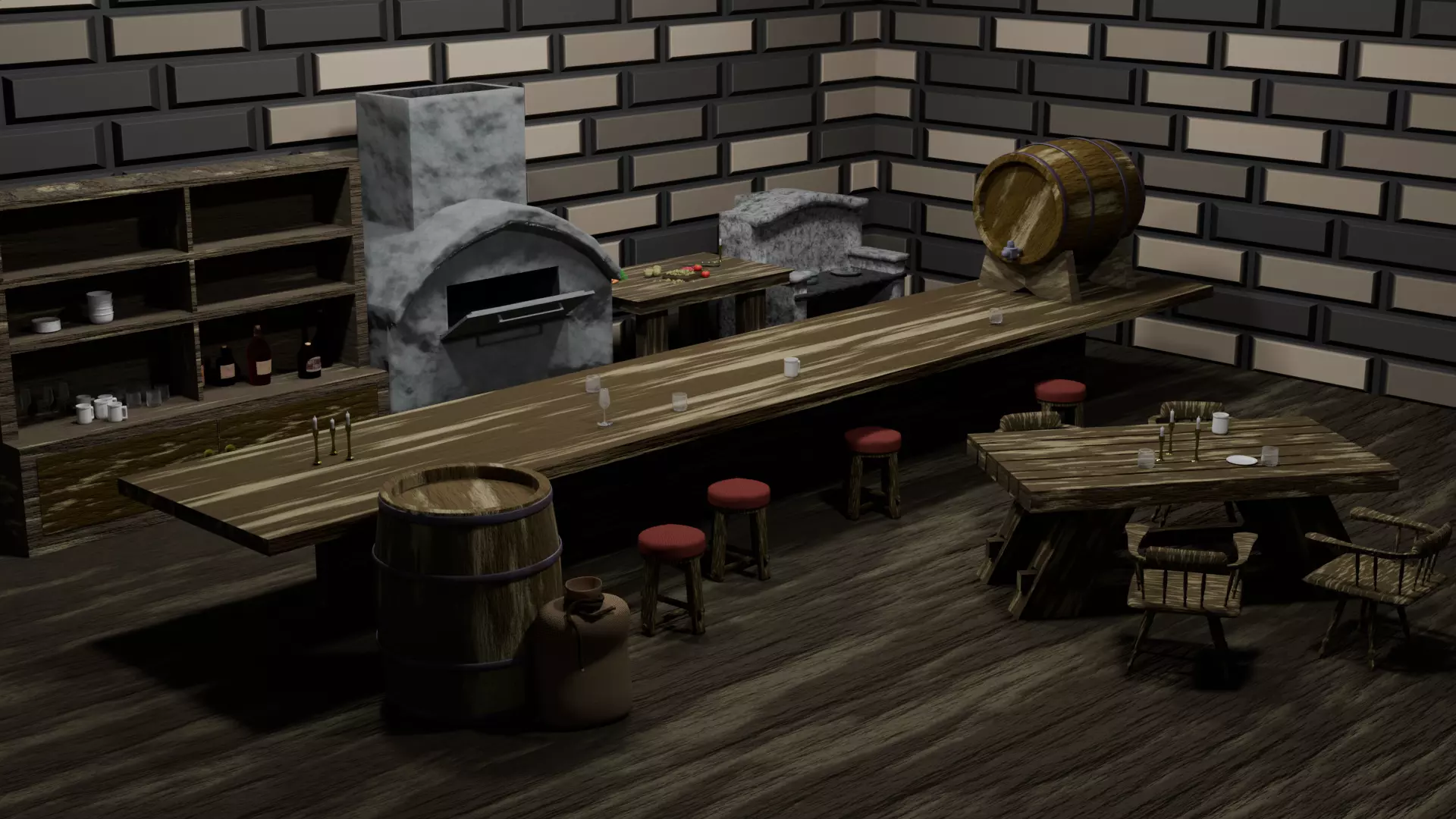 Simple tavern Set Low-poly 3D model_0