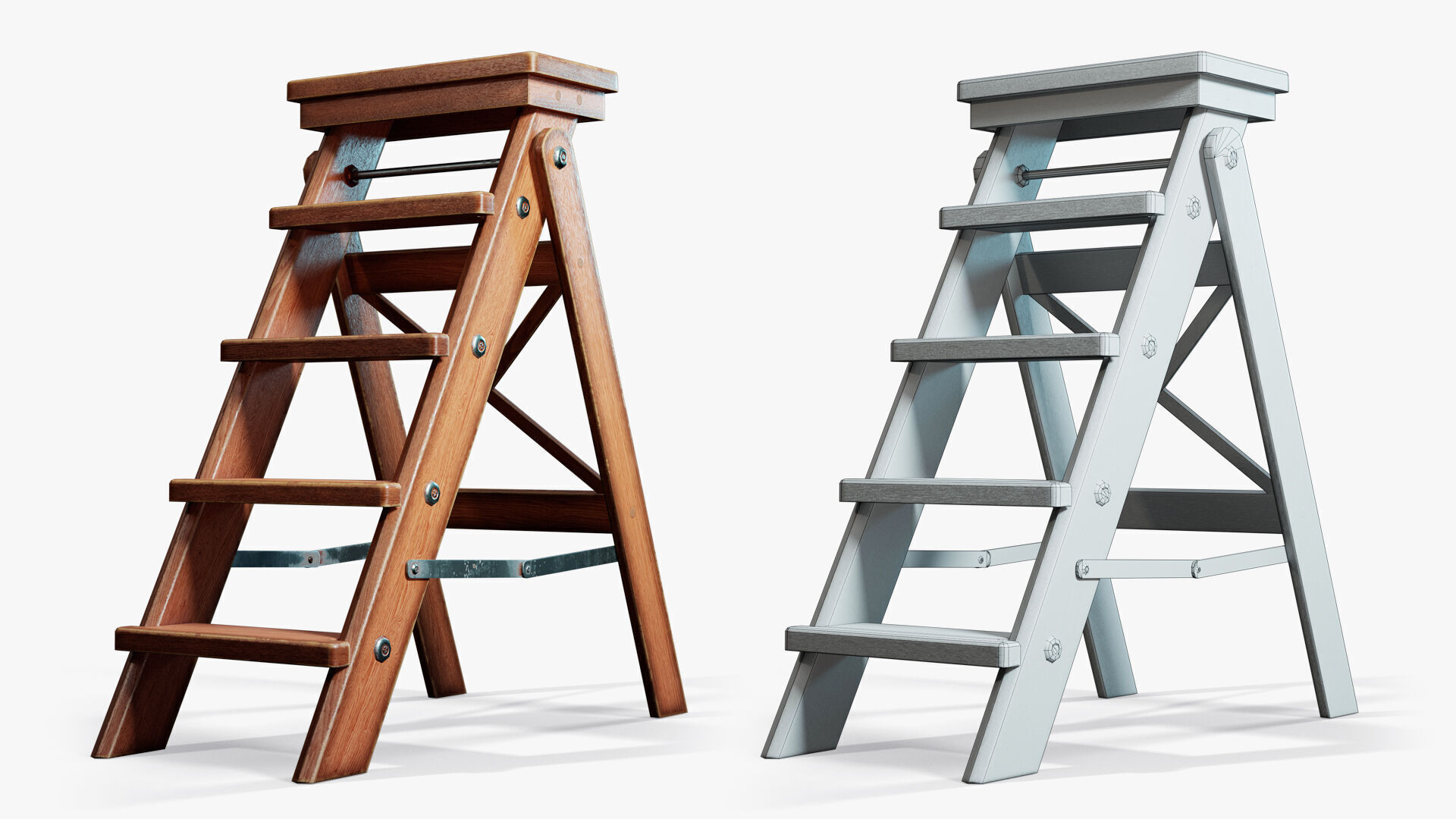 Step Ladder Folding Wooden Low-poly 3D model_2