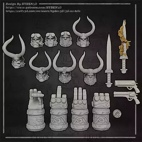 Hellboy full Kit head and weapon with arms 3D print model