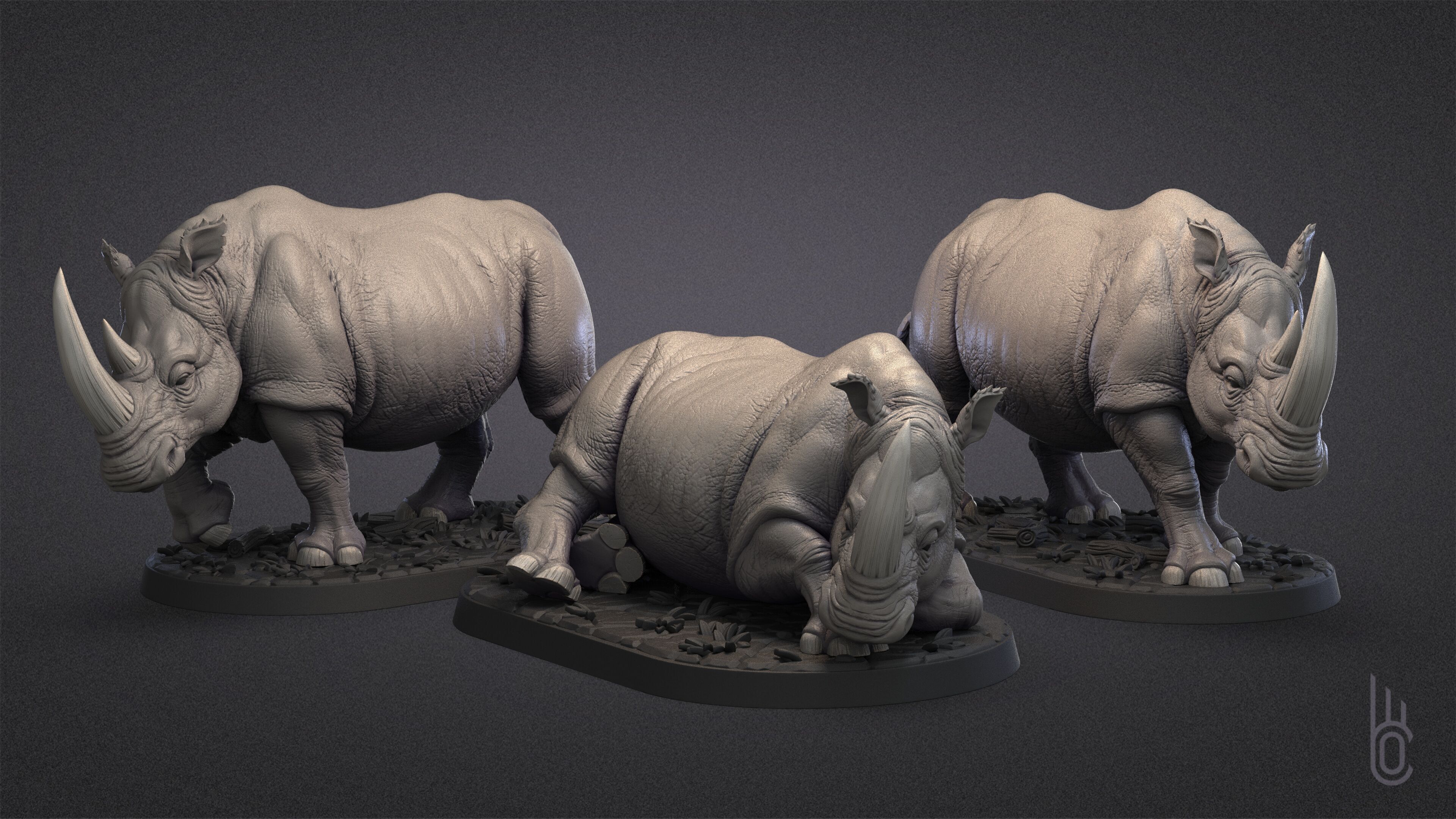 Rhinoceroses Three poses 3D print model_2