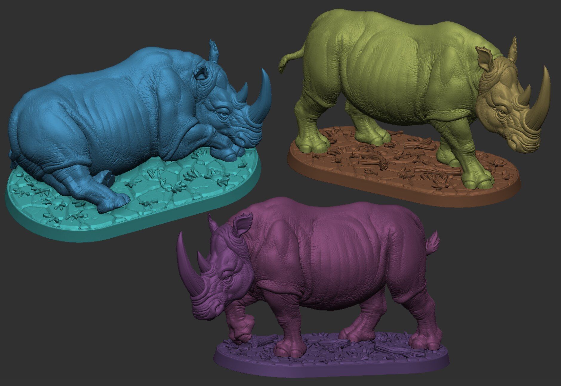 Rhinoceroses Three poses 3D print model_13