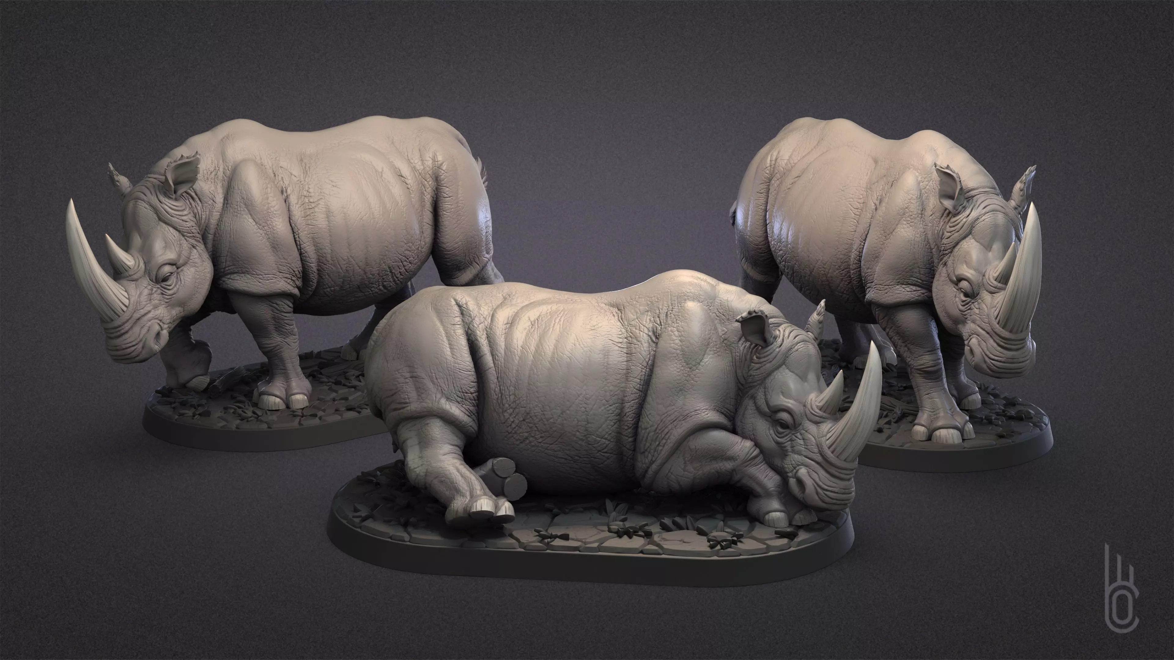 Rhinoceroses Three poses 3D print model_0
