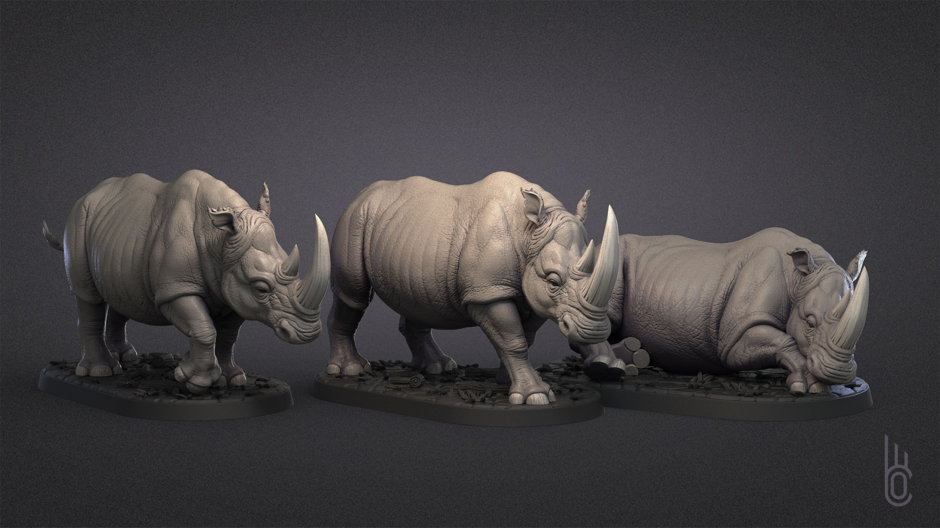 Rhinoceroses Three poses 3D print model_4