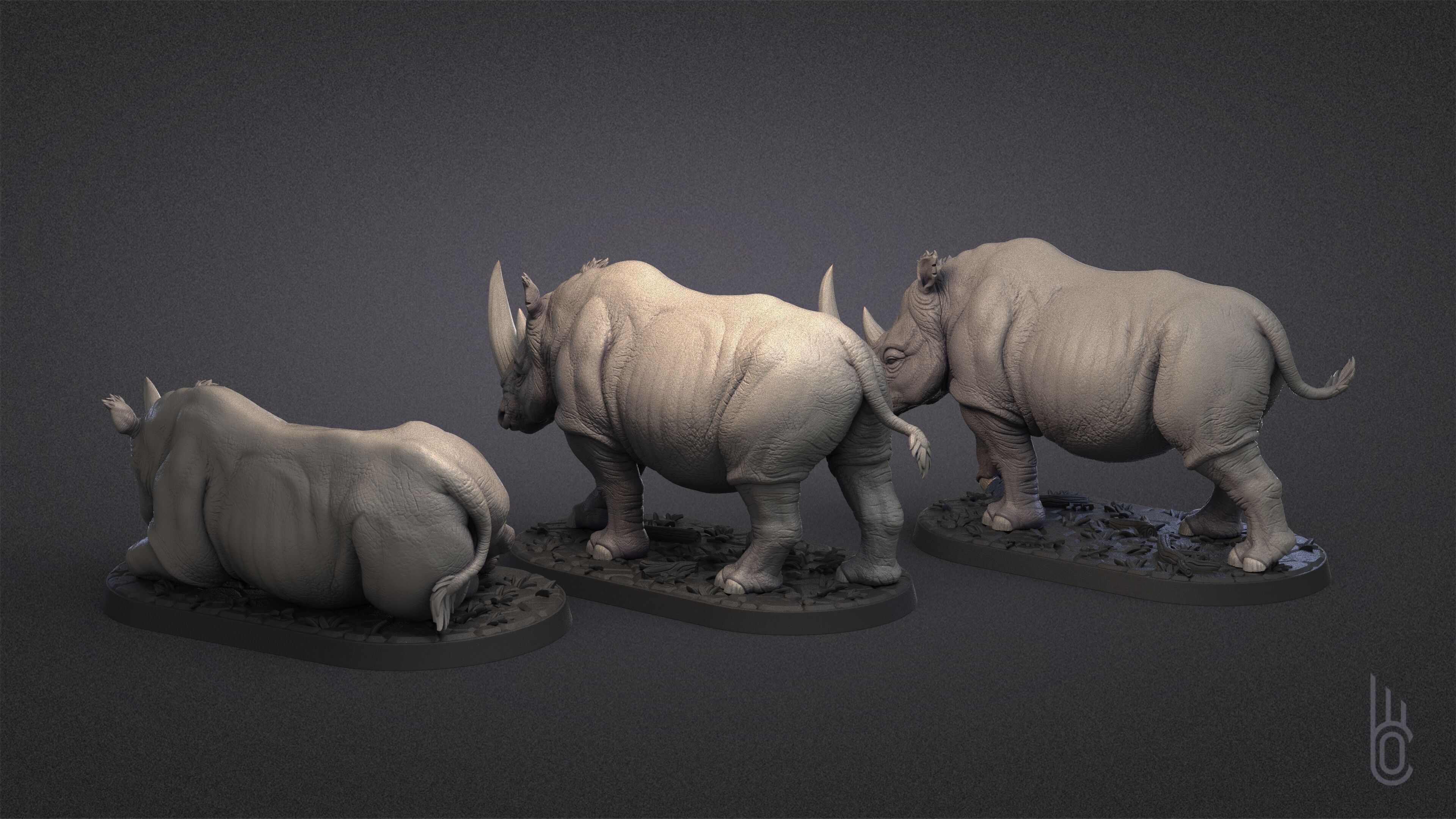 Rhinoceroses Three poses 3D print model_5