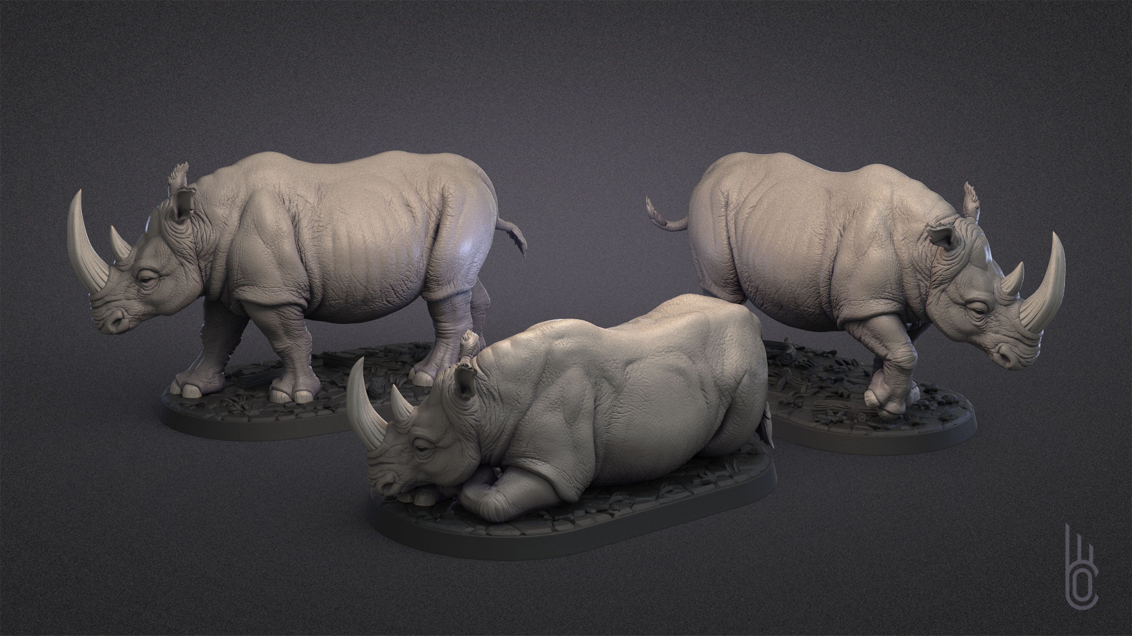 Rhinoceroses Three poses 3D print model_3