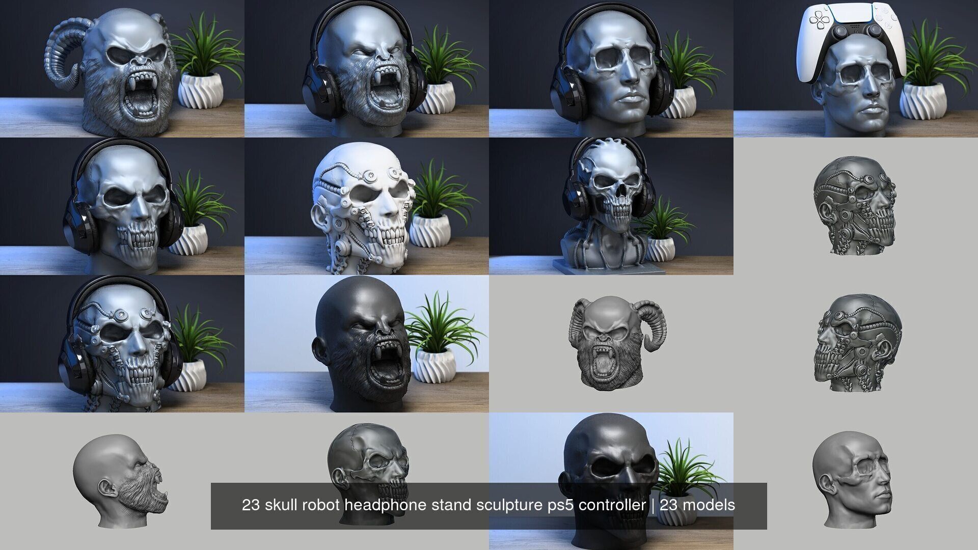 23 skull robot headphone stand sculpture ps5 controller 3D Model Collection_2