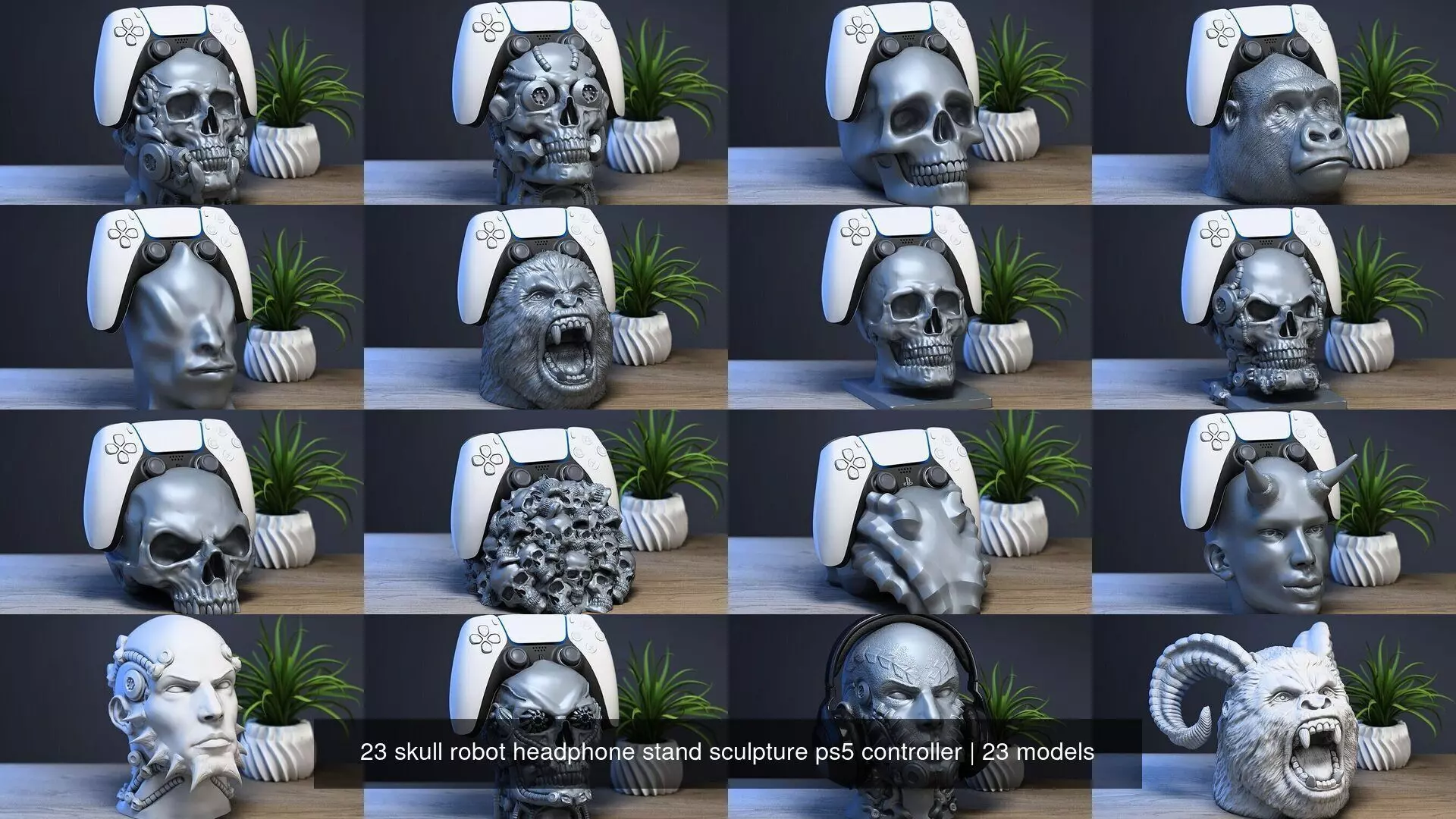 23 skull robot headphone stand sculpture ps5 controller 3D Model Collection_0