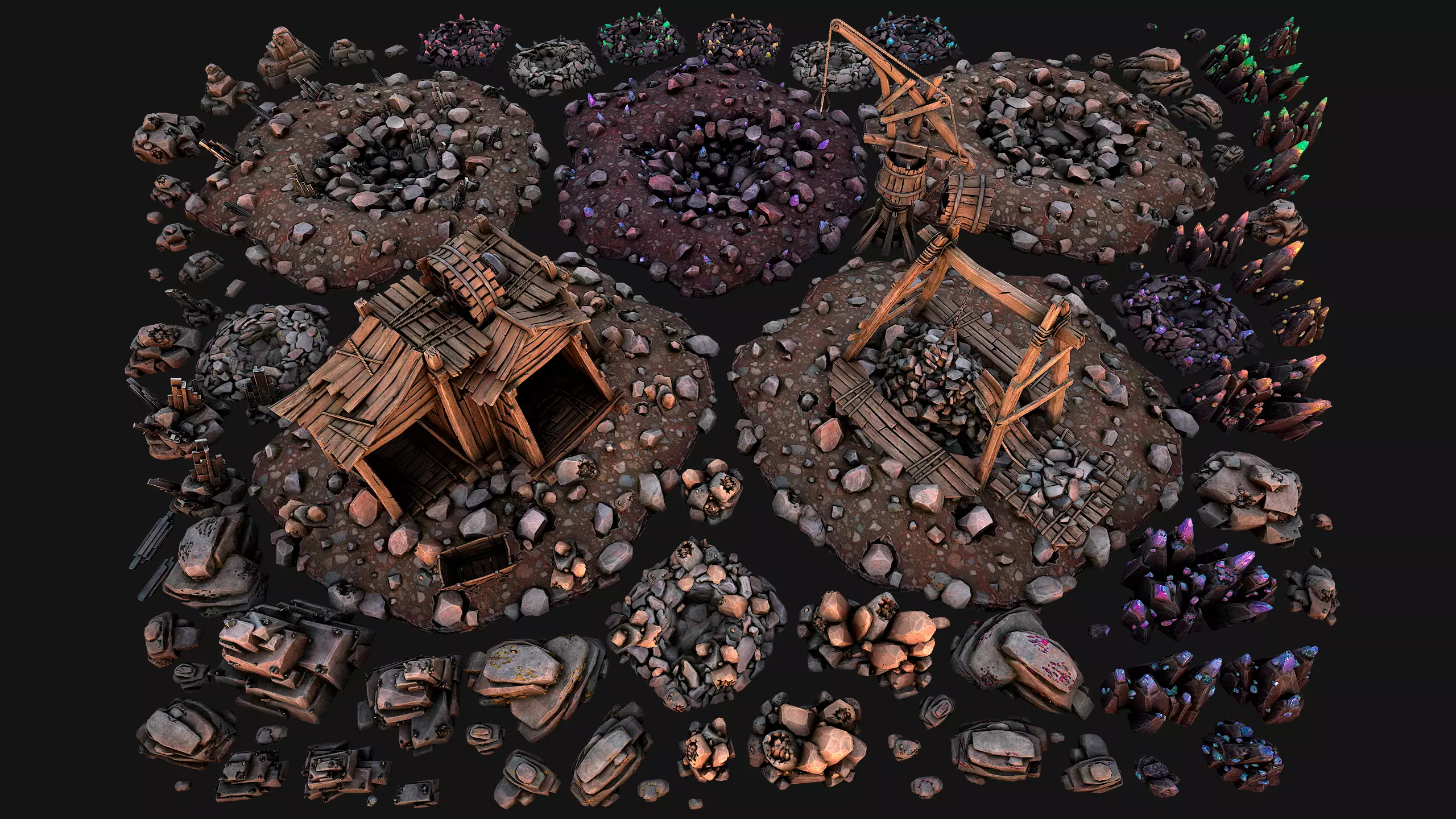 Mine Quarry Crane Industrial Set Crystal Ore Low-poly 3D model