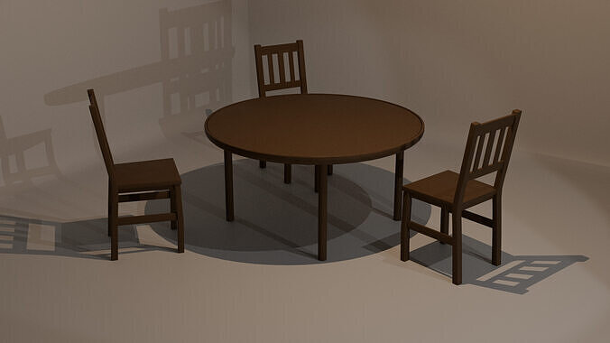 Vintage Wooden Dining Set with Round Table and Chairs Low-poly 3D model