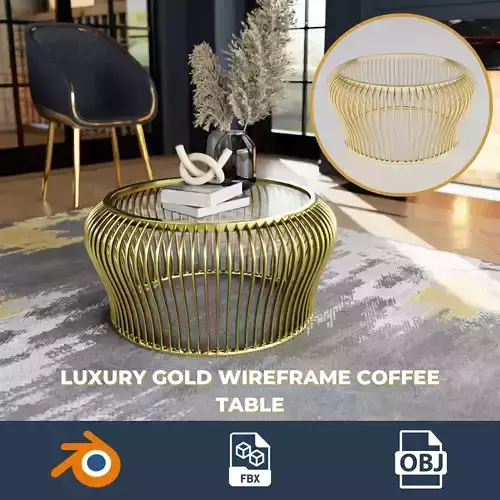 Luxury Gold Wireframe Coffee Table with Glass Top 3D model