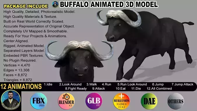 BUFFALLO RIGGED ANIMATED 12 Low-poly 3D model