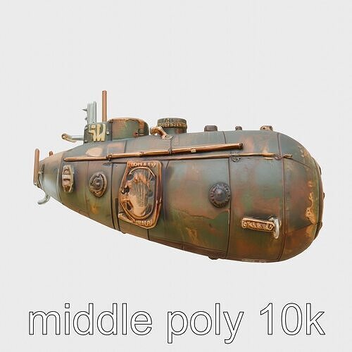 Vintage Exploration Submarine Model with Barnacles Low-poly 3D model
