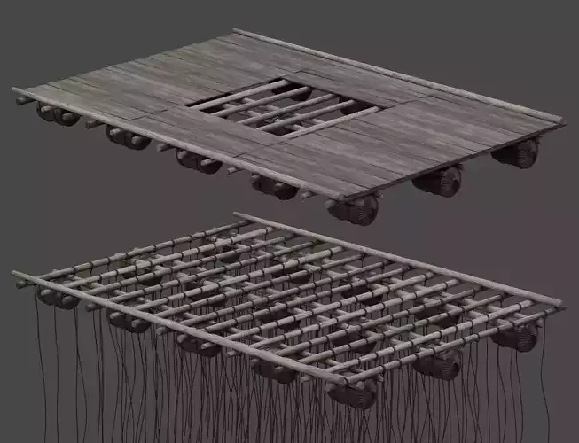 Traditional Wooden Aquaculture Raft and Fishing Raft 3D model