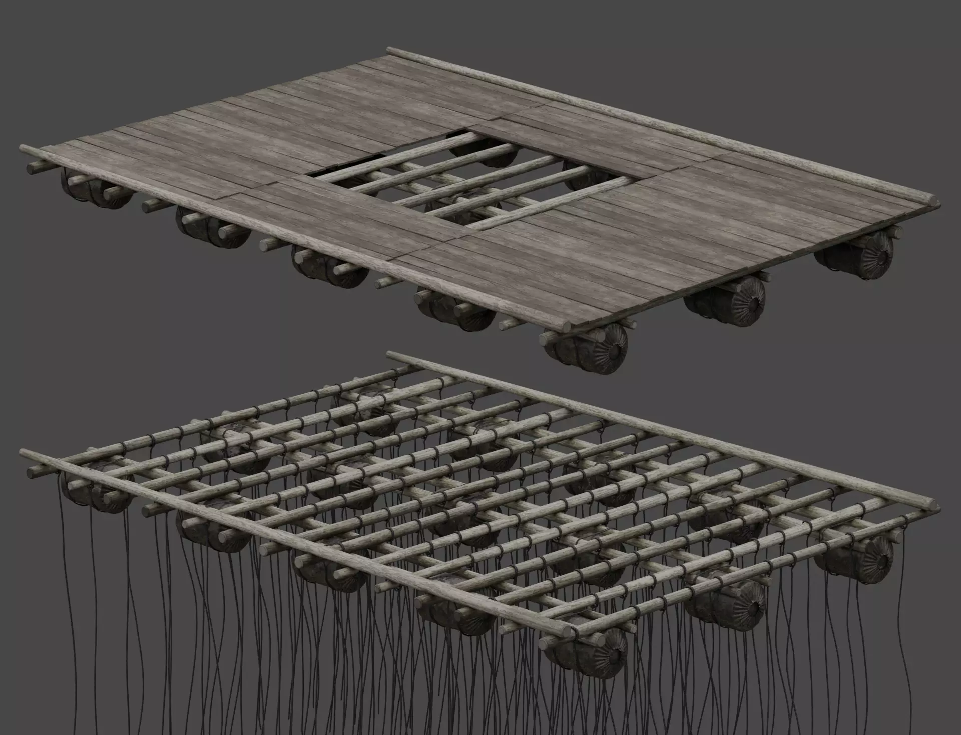 Traditional Wooden Aquaculture Raft and Fishing Raft 3D model_0