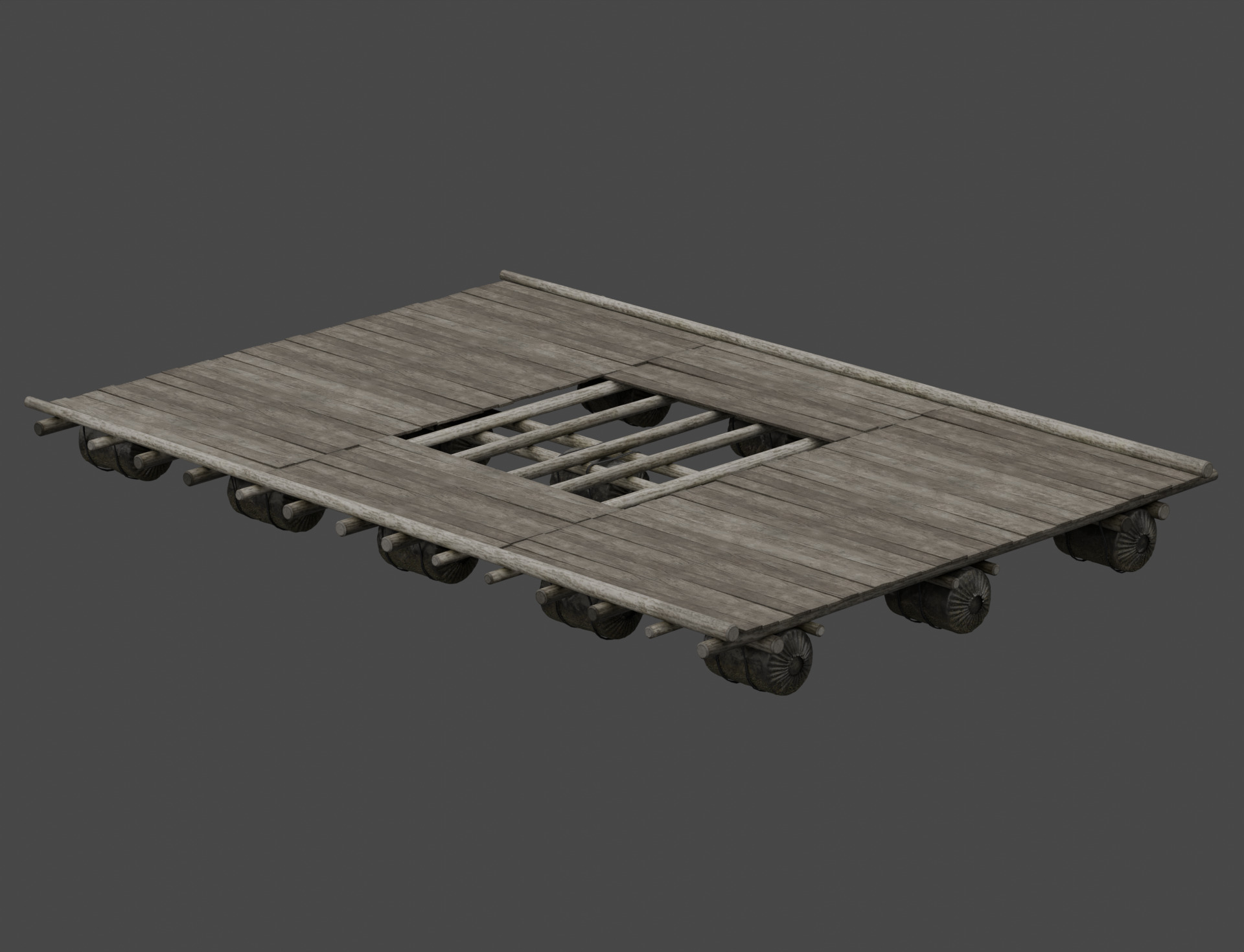 Traditional Wooden Aquaculture Raft and Fishing Raft 3D model_2
