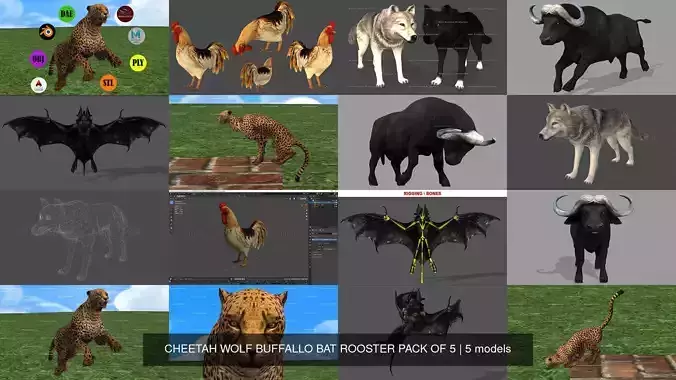 5 PACK OF CHEETAH WOLF BUFFALLO BAT ROOSTER 3D Model Collection