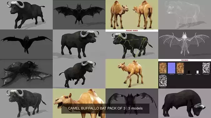 3 PACK OF CAMEL BUFFALLO BAT 3D Model Collection