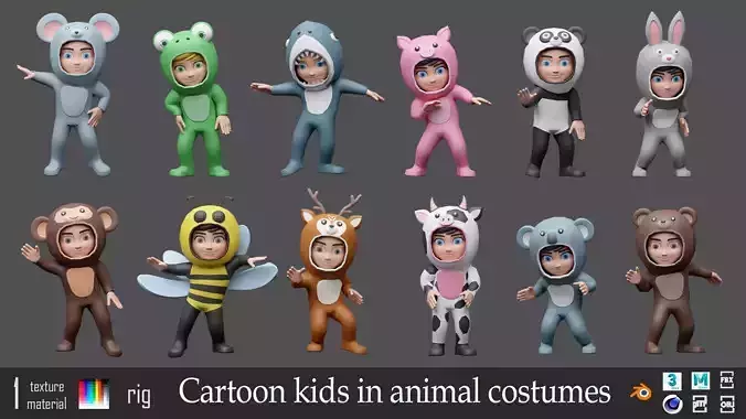 Cartoon kids in animal costumes