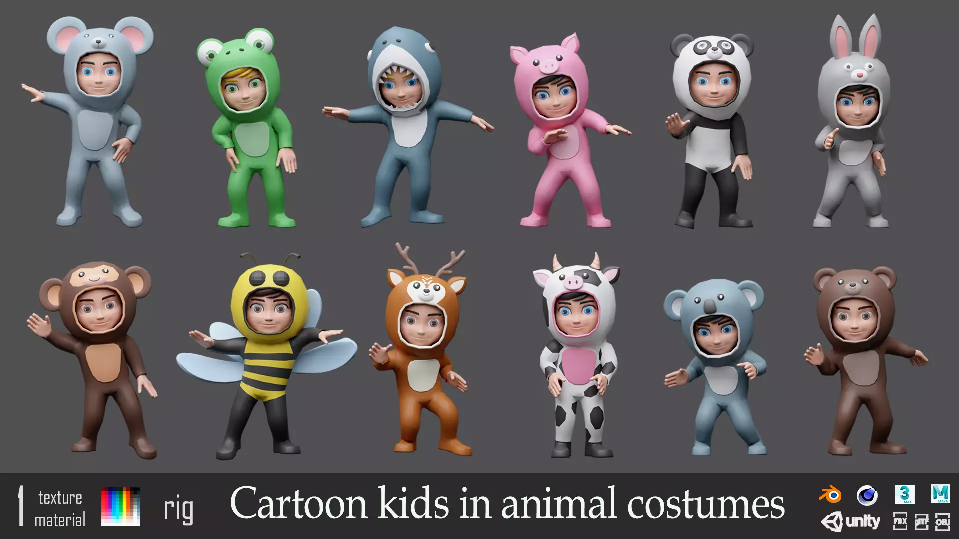 Cartoon kids in animal costumes Low-poly 3D model