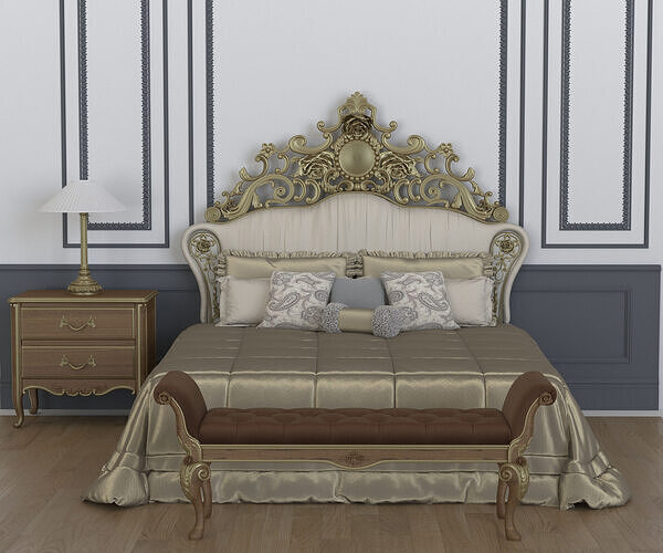 Luxurious European Royal Baroque Style Bed 3D Model 3D model