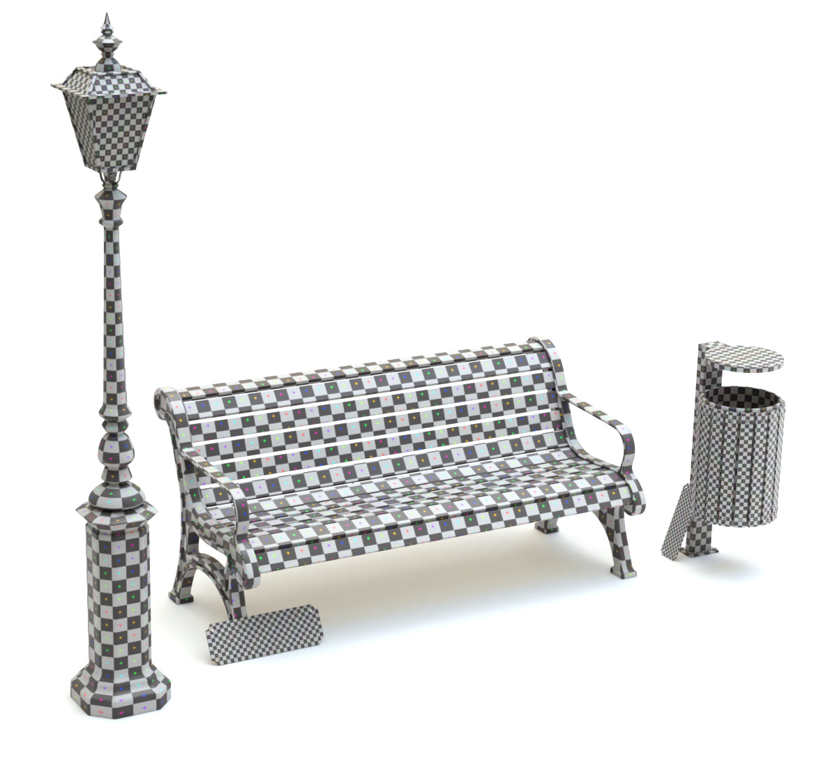 Park Set with Bench Street Lamp and Litterbin 3D model_10