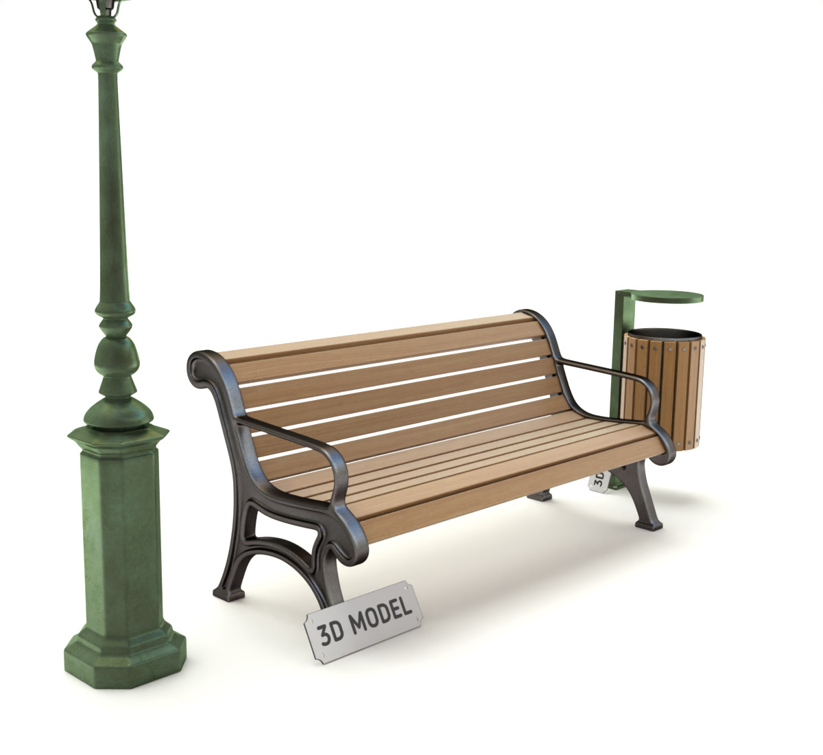 Park Set with Bench Street Lamp and Litterbin 3D model_9