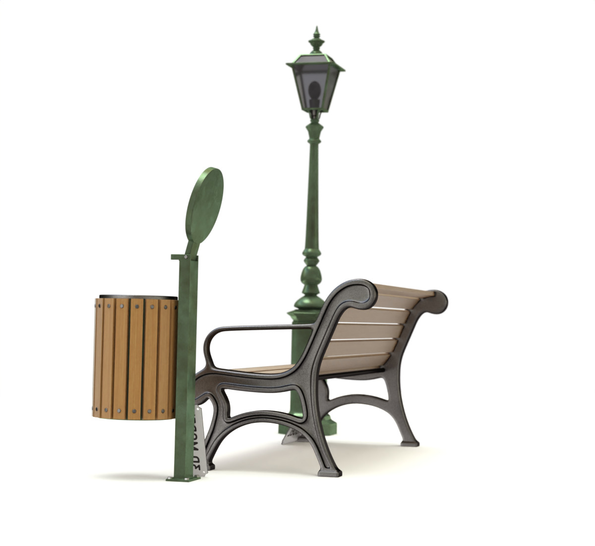 Park Set with Bench Street Lamp and Litterbin 3D model_3