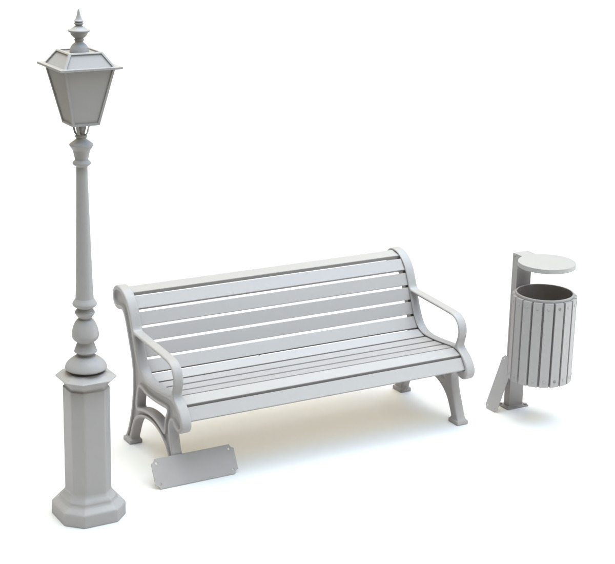 Park Set with Bench Street Lamp and Litterbin 3D model_11