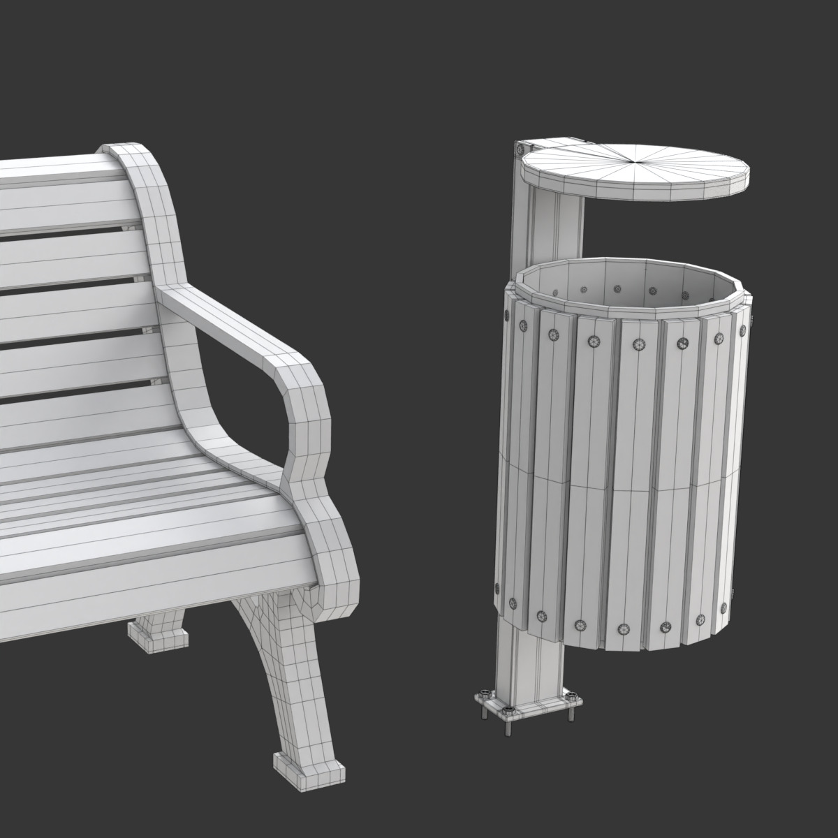 Park Set with Bench Street Lamp and Litterbin 3D model_19