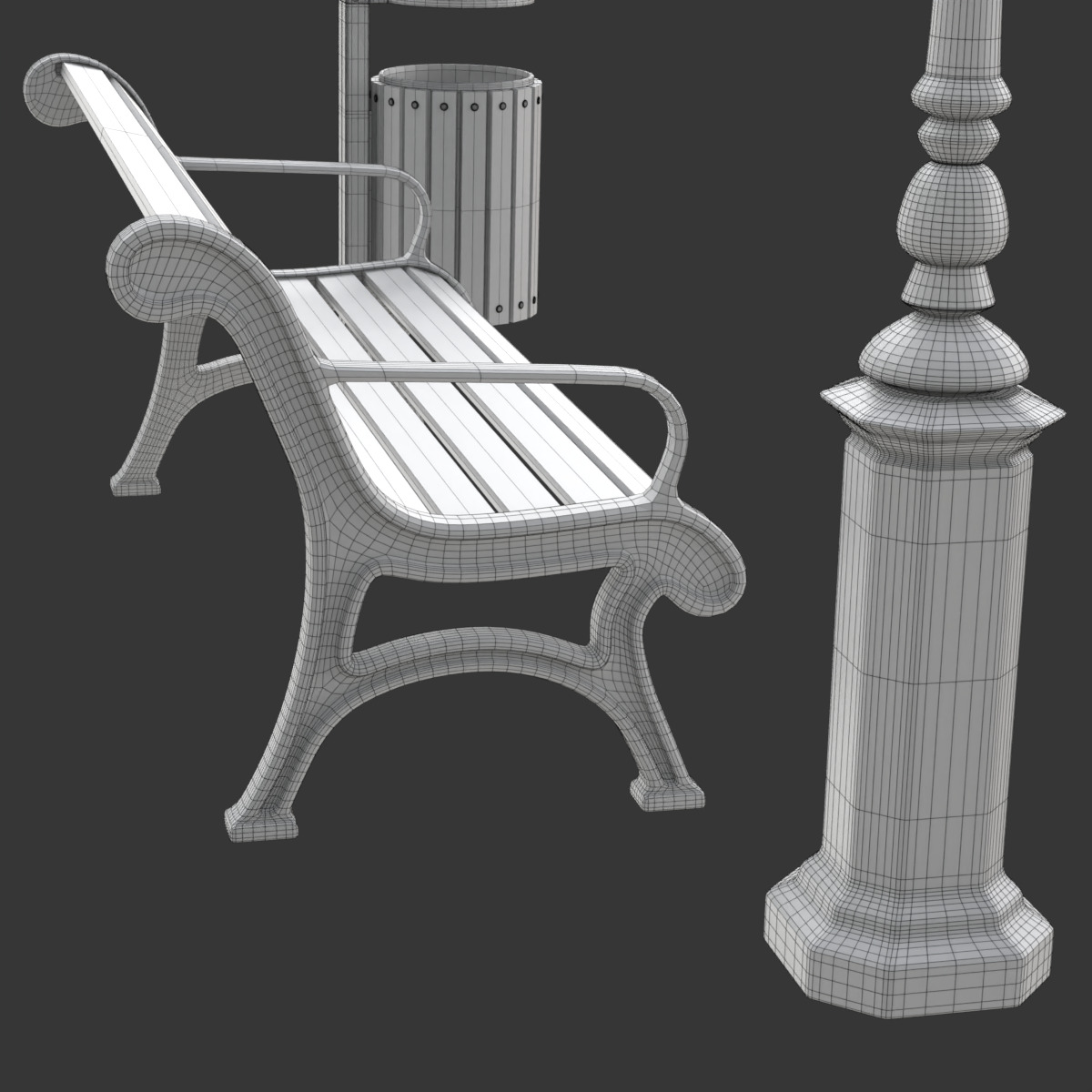 Park Set with Bench Street Lamp and Litterbin 3D model_22