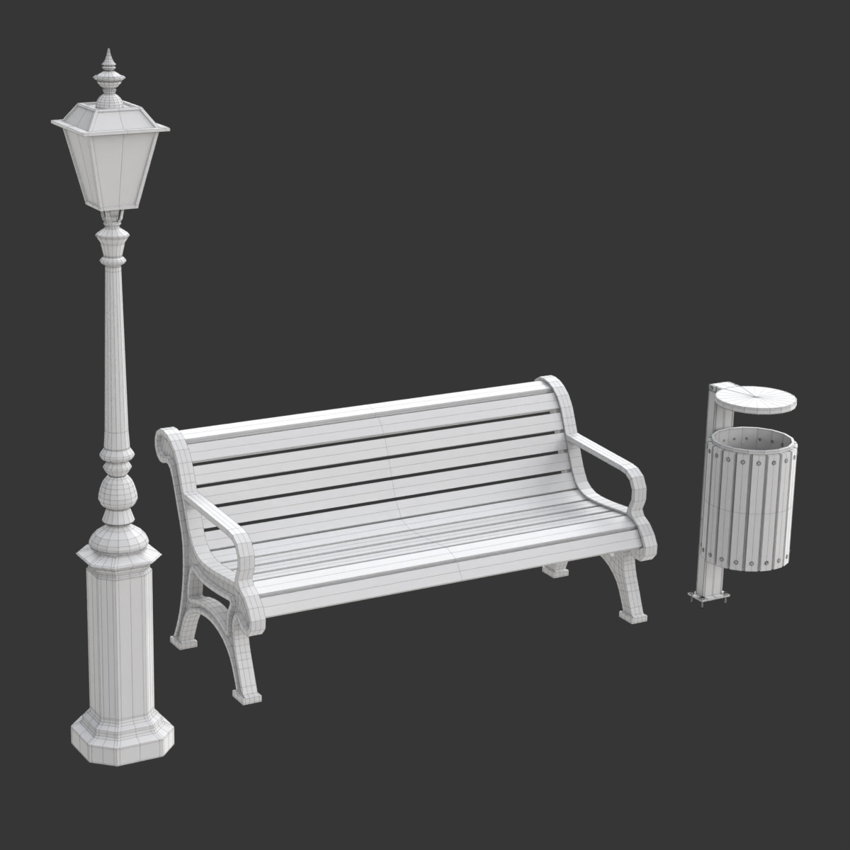 Park Set with Bench Street Lamp and Litterbin 3D model_17
