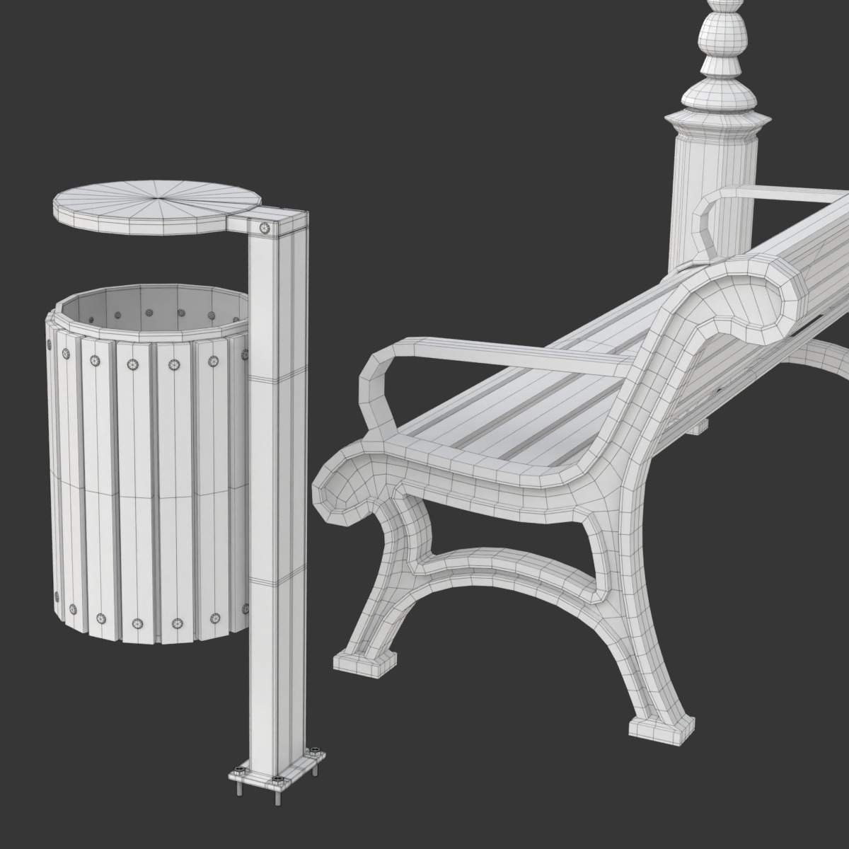 Park Set with Bench Street Lamp and Litterbin 3D model_20
