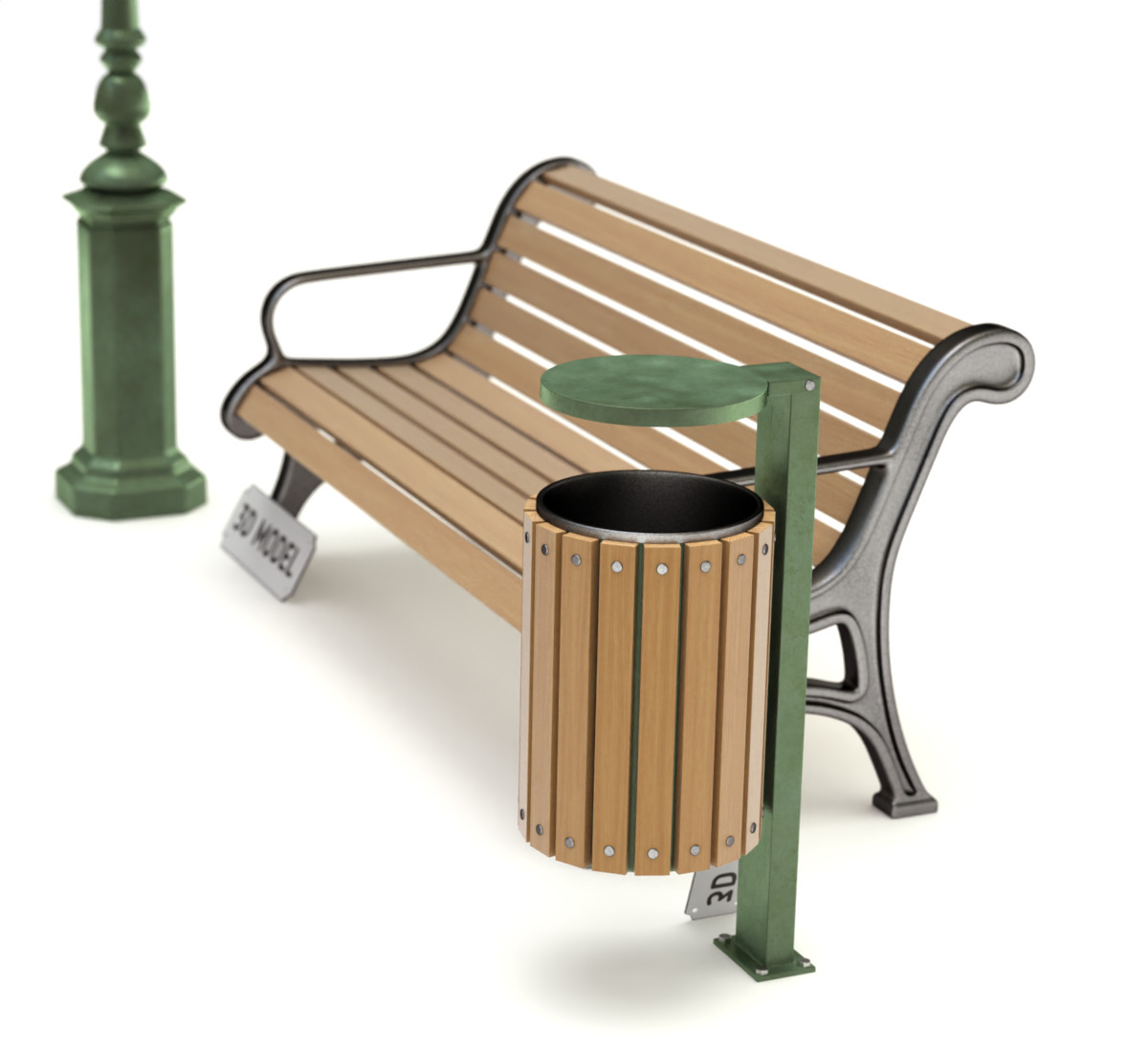 Park Set with Bench Street Lamp and Litterbin 3D model_2