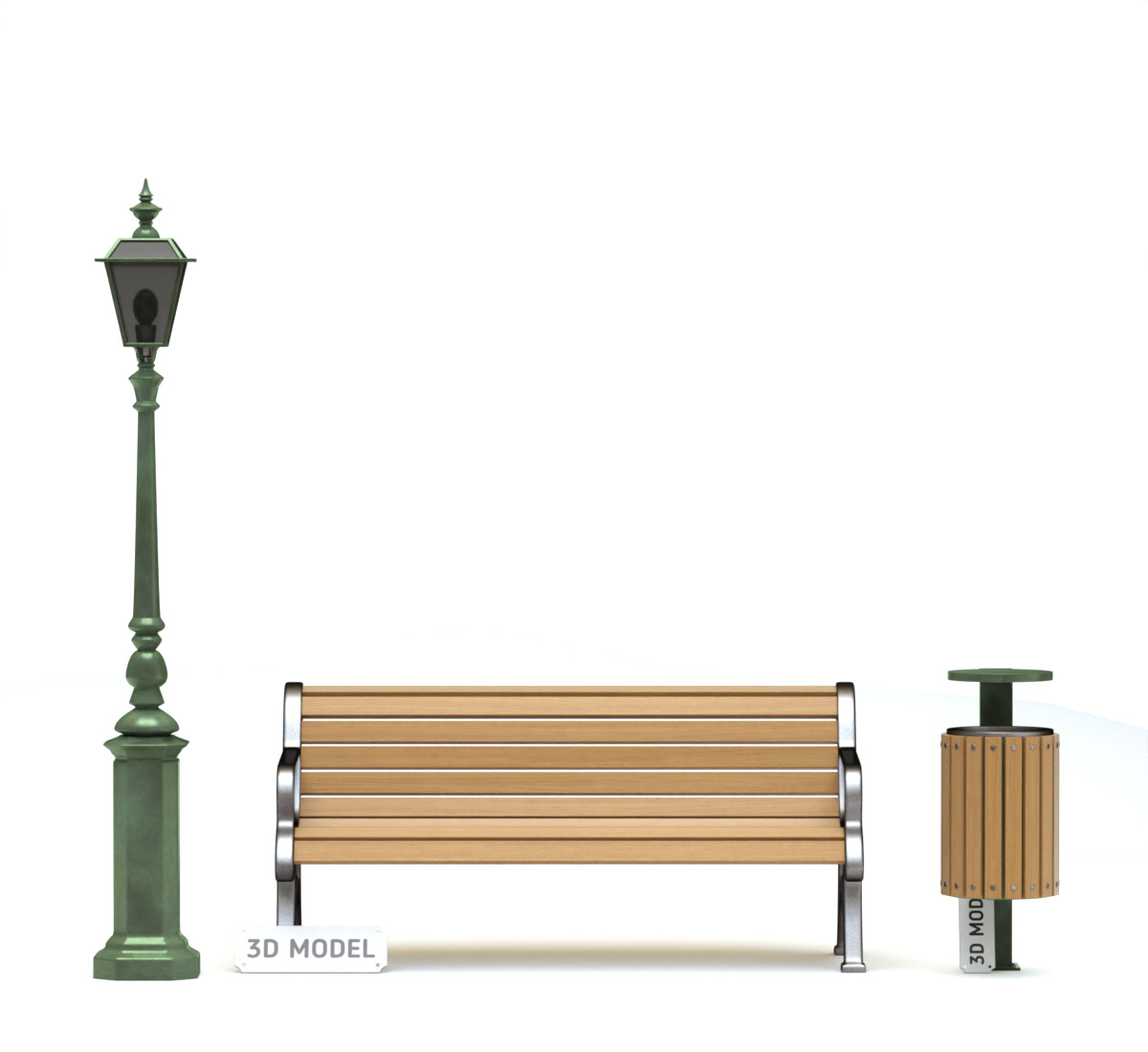 Park Set with Bench Street Lamp and Litterbin 3D model_1
