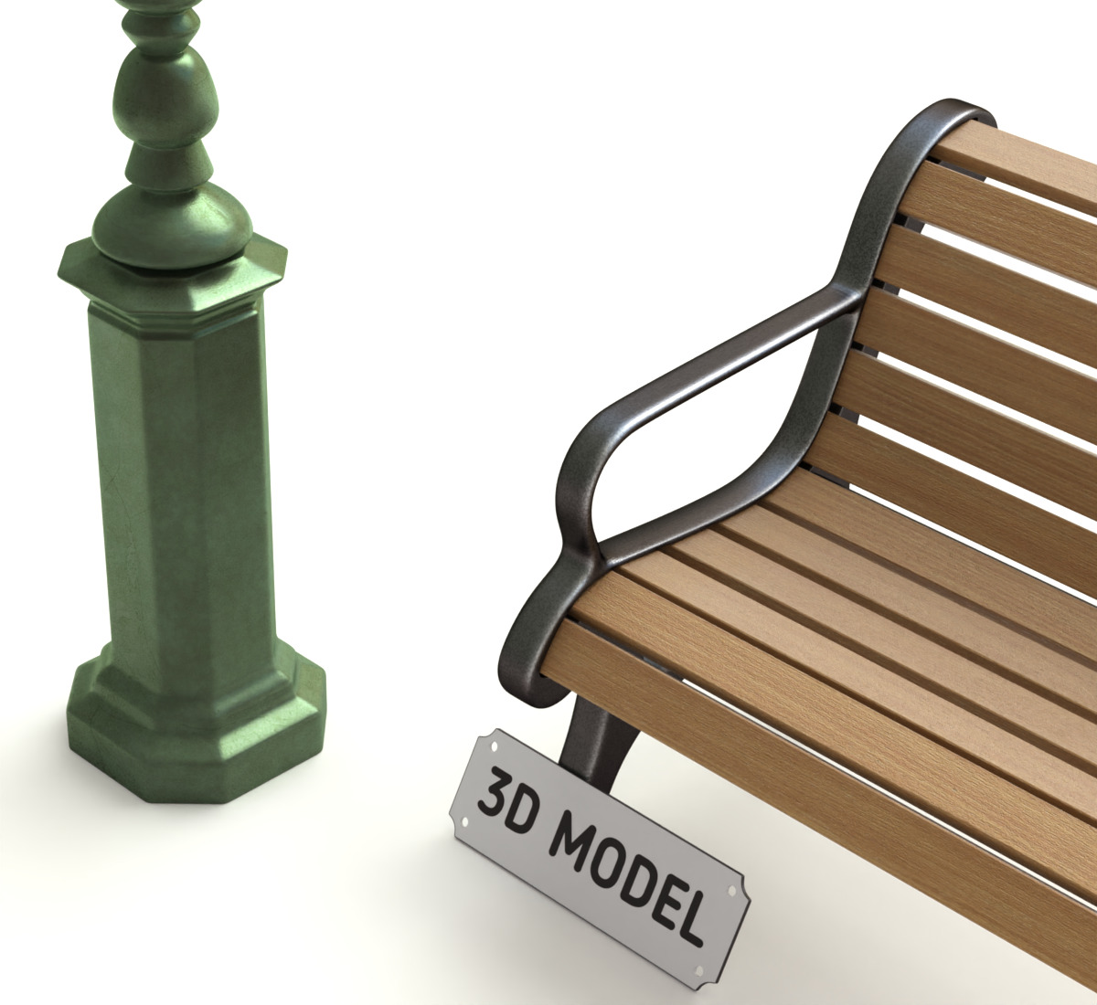 Park Set with Bench Street Lamp and Litterbin 3D model_8