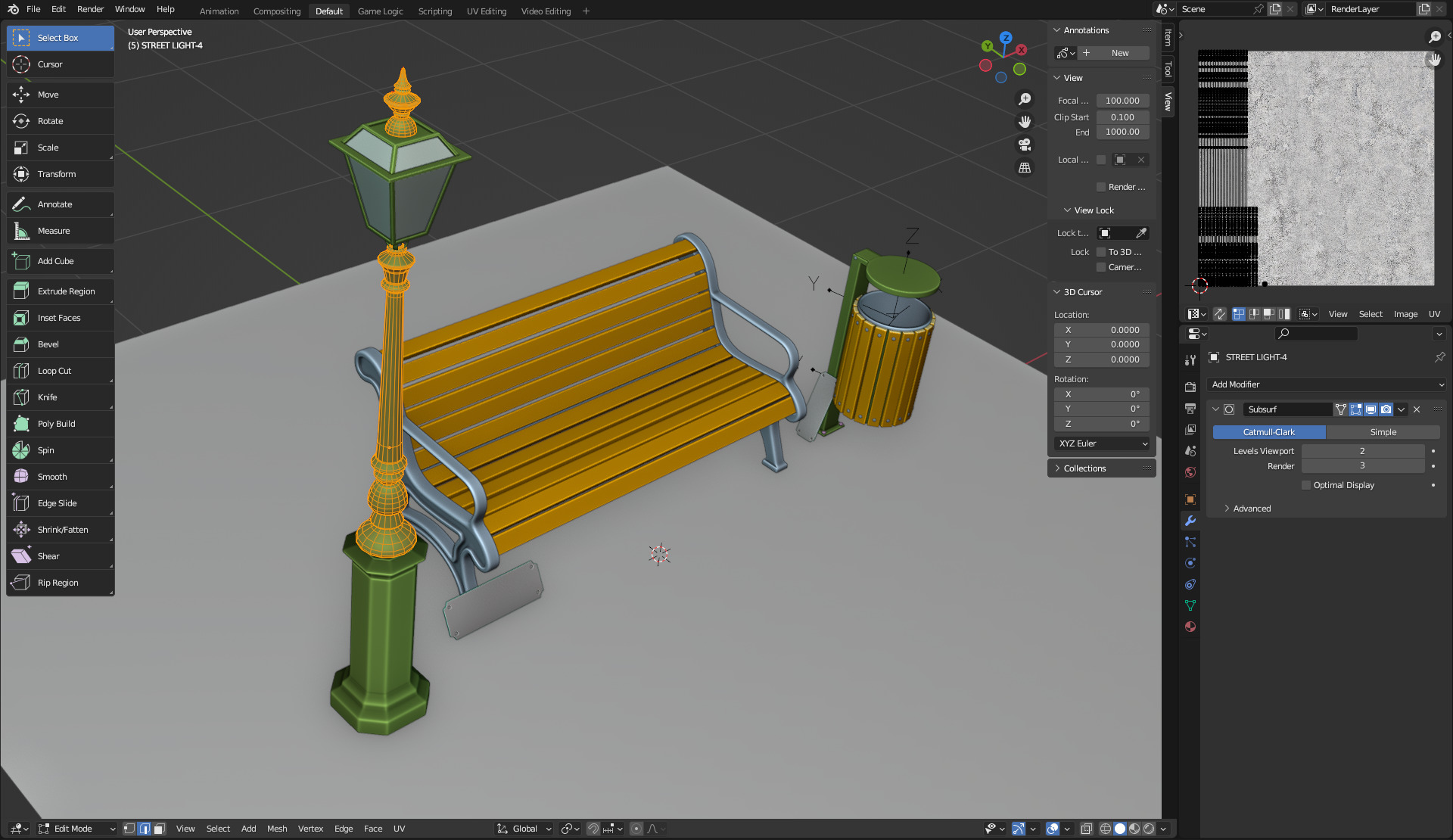 Park Set with Bench Street Lamp and Litterbin 3D model_16