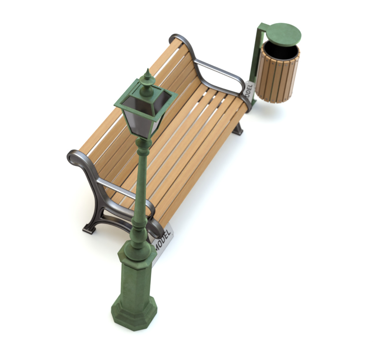 Park Set with Bench Street Lamp and Litterbin 3D model_4