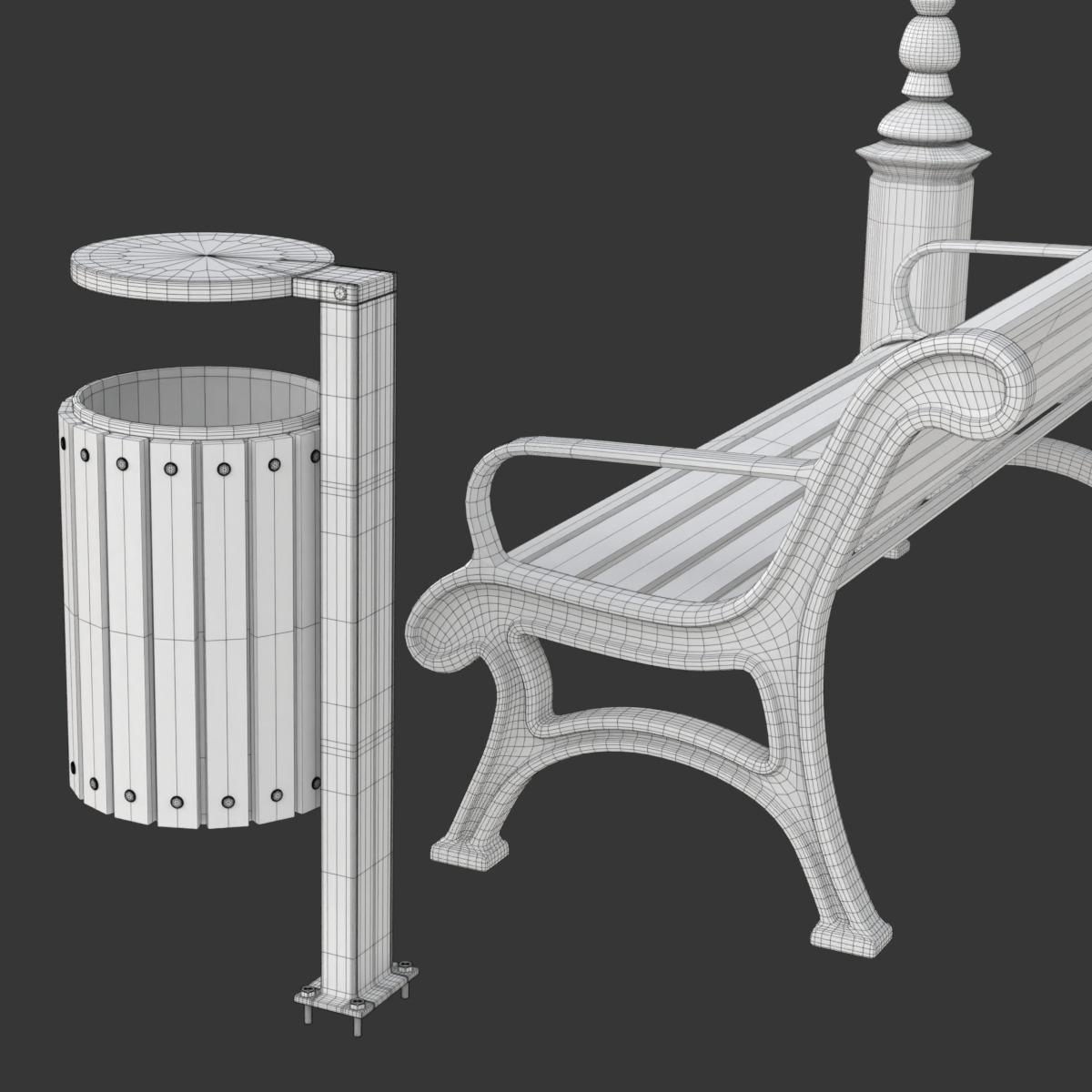 Park Set with Bench Street Lamp and Litterbin 3D model_21