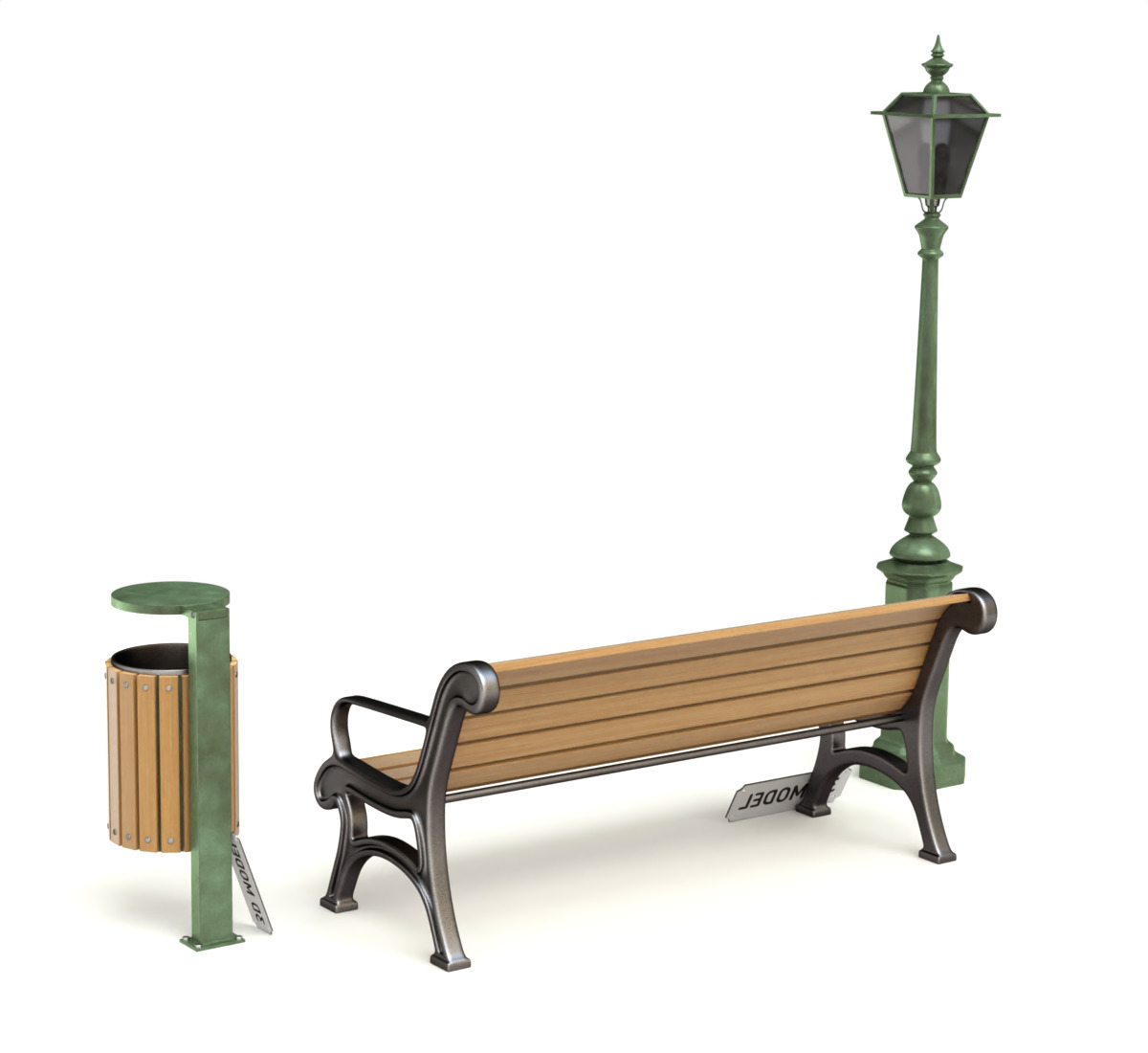Park Set with Bench Street Lamp and Litterbin 3D model_5