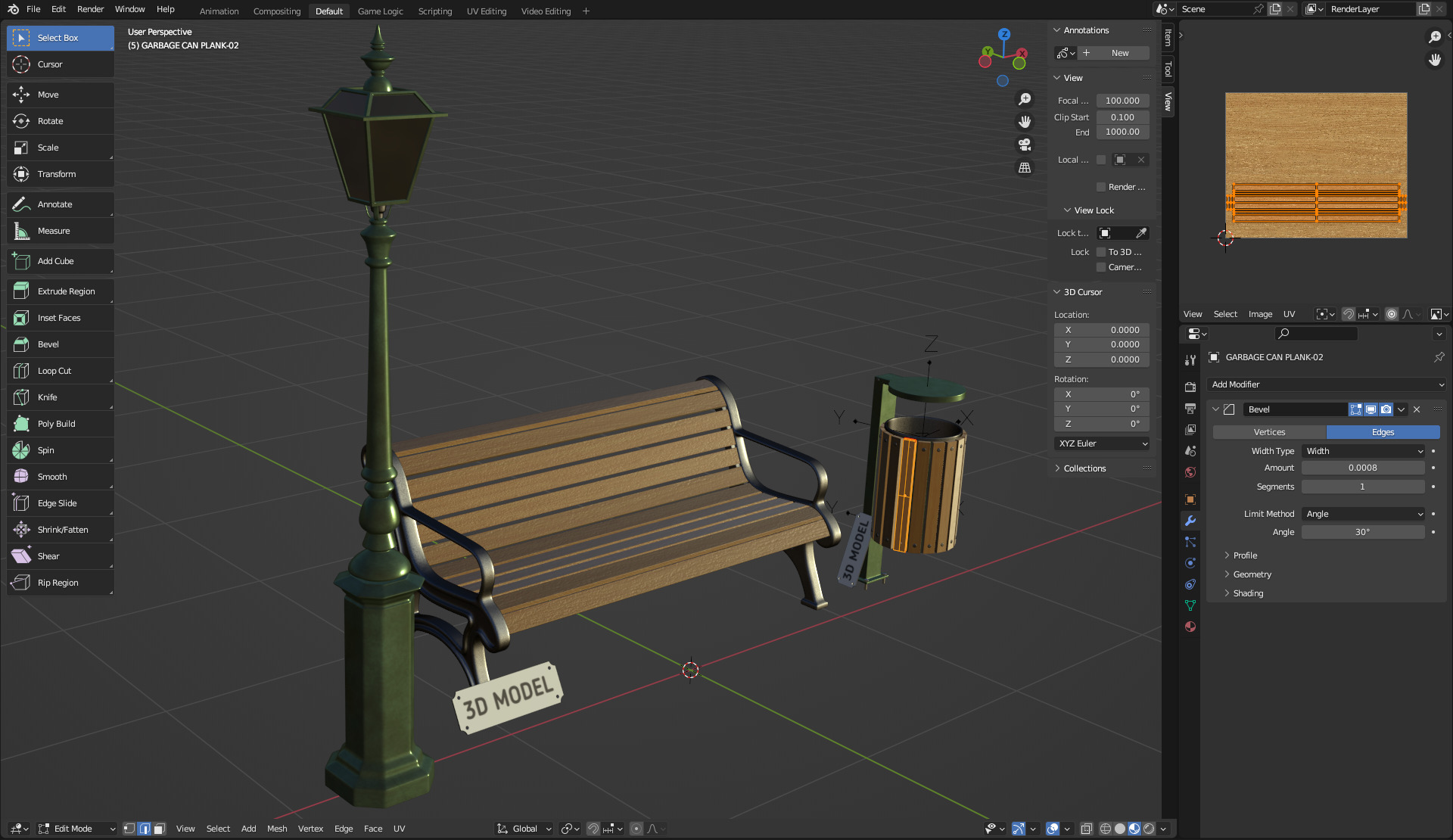 Park Set with Bench Street Lamp and Litterbin 3D model_15