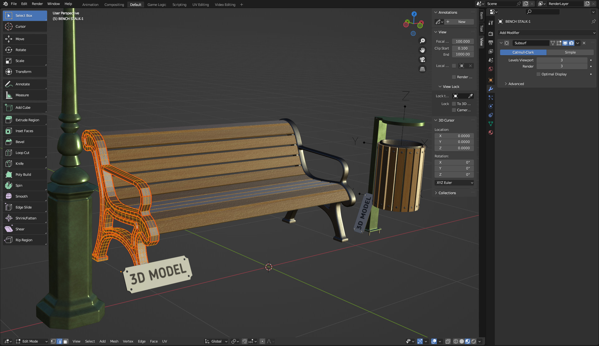 Park Set with Bench Street Lamp and Litterbin 3D model_14