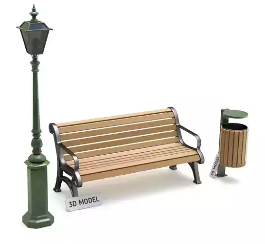 Park Set with Bench Street Lamp and Litterbin 3D model