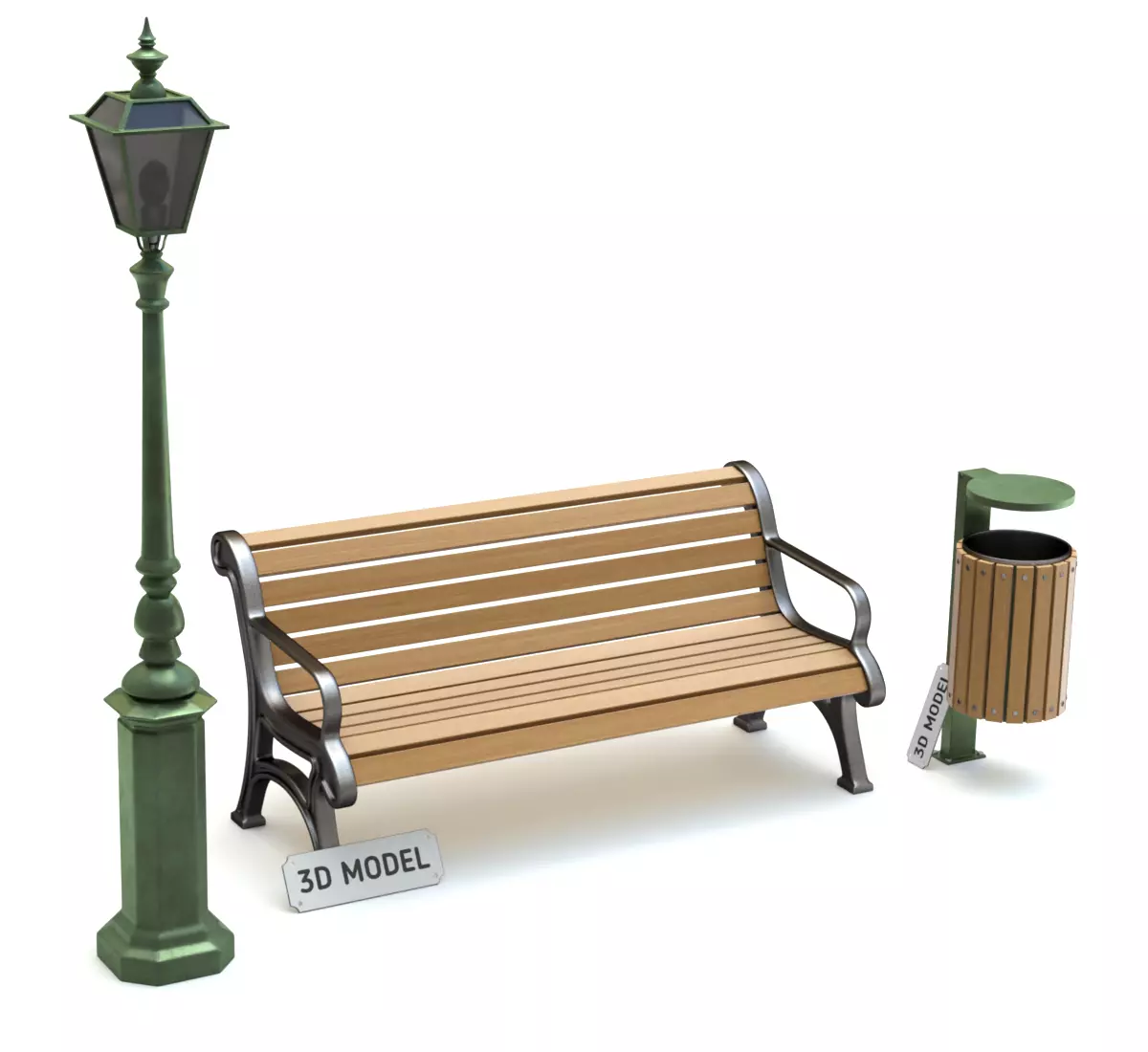 Park Set with Bench Street Lamp and Litterbin 3D model_0