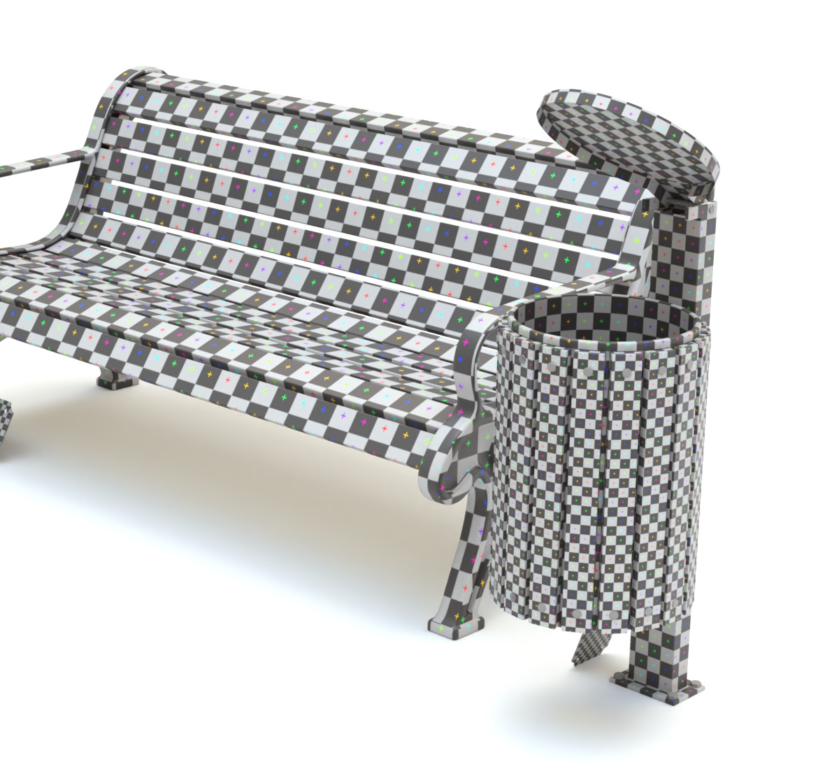 Park Set with Bench Street Lamp and Litterbin 3D model_12